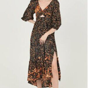 ANGIE Maxi Dress Sz S Boho Fall Floral Twist Front Ruffles Slit Flutter Sleeves